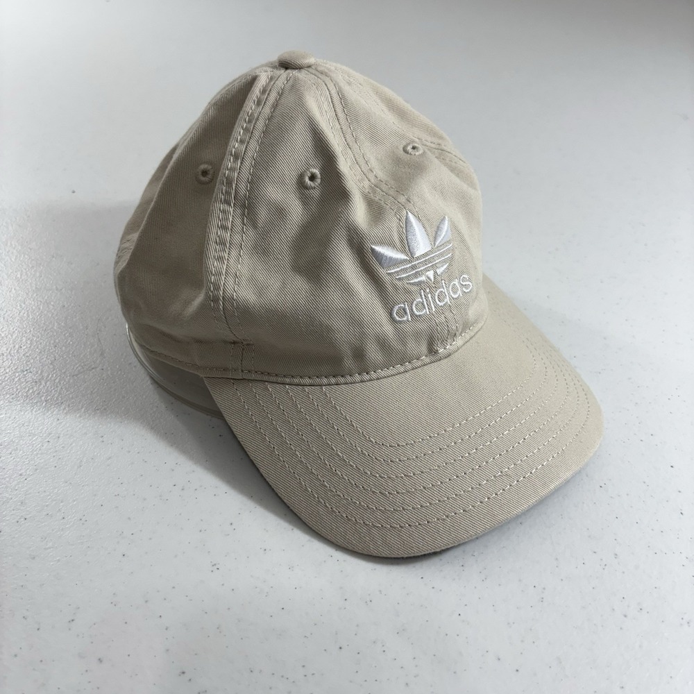 Adidas‎ Beige Strapback Canvas Dad Hat White Trefoil Logo 3 Stripes Adult GUC!